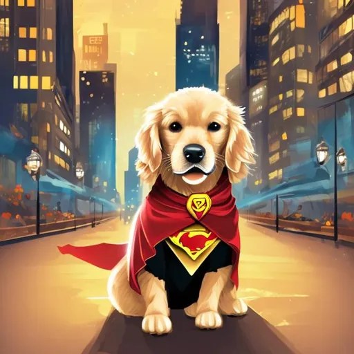 golden retriever superhero, wearing a cape, busy cit...