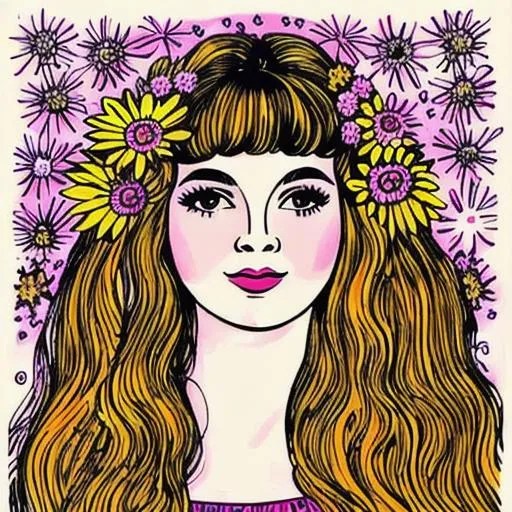 A drawing of a 1960s hippie girl with flowers in her...