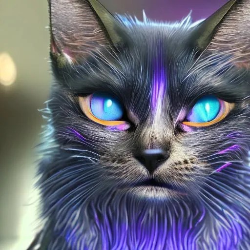 a cat, blue and purple fur, glitter, fur detail, hyp... OpenArt