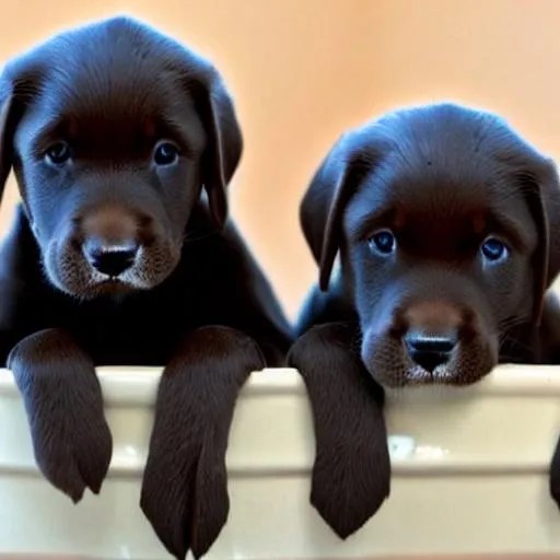 beautiful cute chocolate lab puppies taking a bath