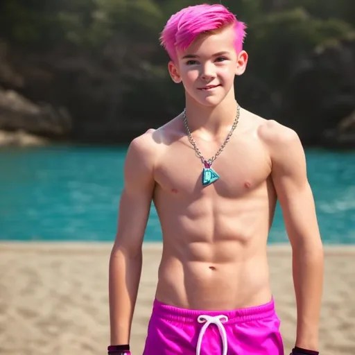 13 year old athletic muscular boy, sporty bright pin... OpenArt