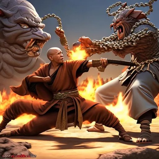 Monk fighting an evil lord, kung fu, chains, swords,... OpenArt