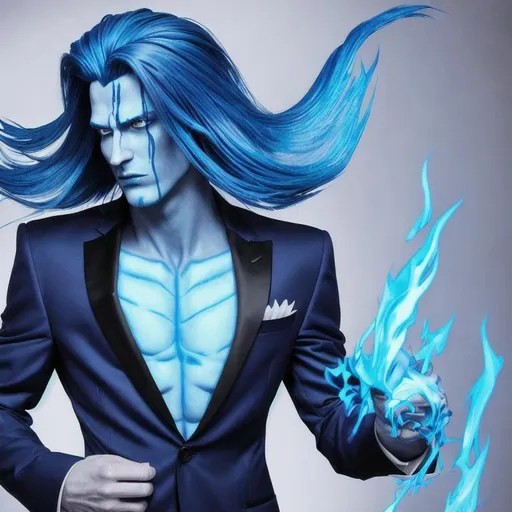 Blue flame hair Hades as a Dominant in a suit OpenArt