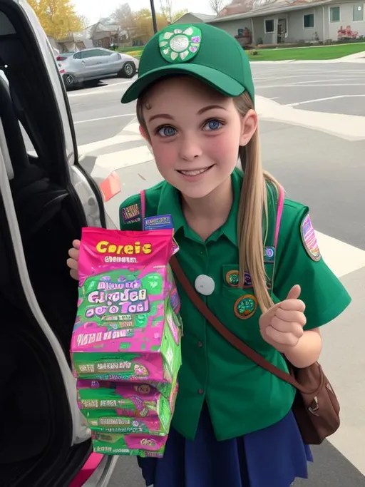 Transformed to teen girl scout selling cookies.