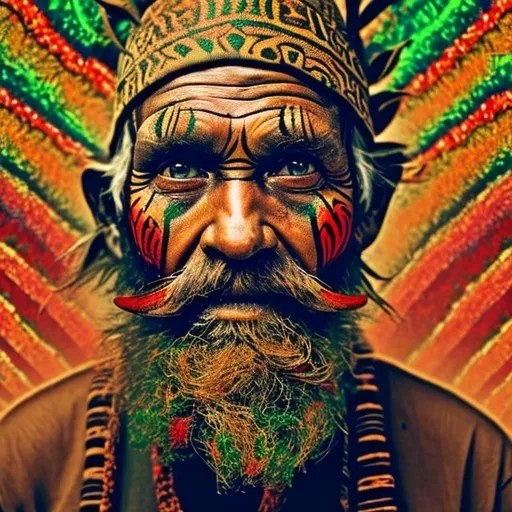 A Tribal Old Man. Beard, Face Paint. Red Gold and Gr...