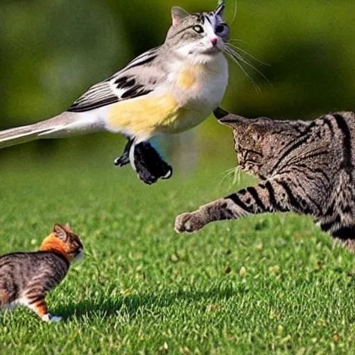 a bird chasing a cat