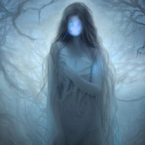 a ghost girl, drifting through the fog, ((transparen...