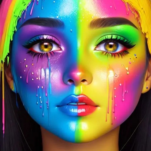 female face dripping paint in rainbow colors, facia... OpenArt