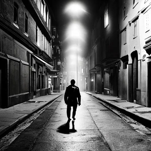 walking in dark street. alone one man in midnight....