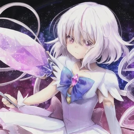 magical girl, crystal wand, rainbow tears, white hair OpenArt