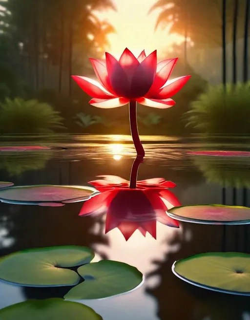 A vivid crimson lotus flower in full bloom emerges f...