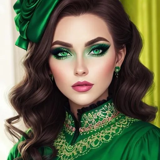 A woman all in green, green eyes, pretty makeup