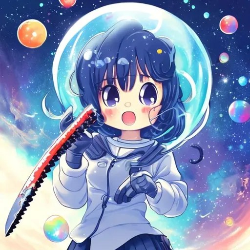 Cute bubbles anime girl holding a bloody nife in space