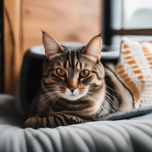 brown tabby cat laying in a cat bed