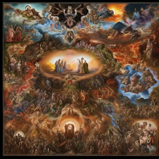 3 layers of heaven, earth and hell, with depictions...