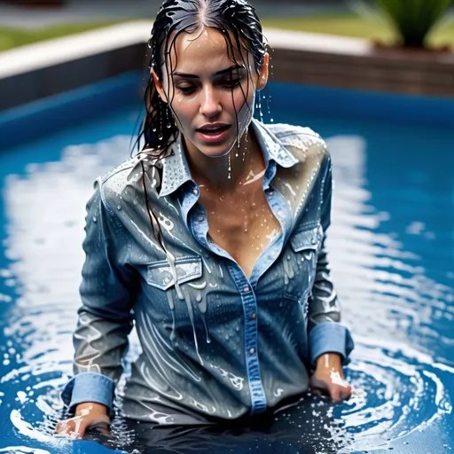 drenched woman stepping out of pool, wet clothes cli...