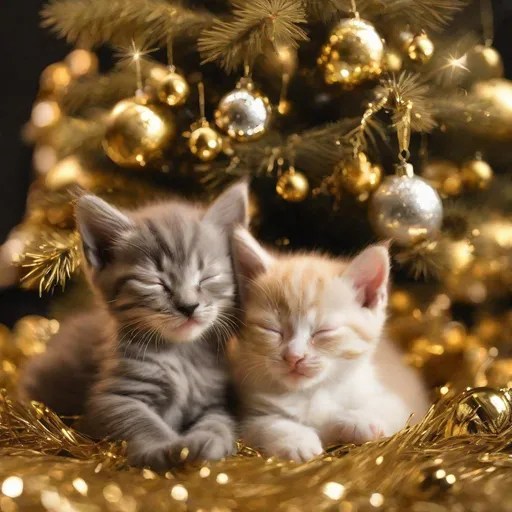 kittens sleeping under a gold christmas tree