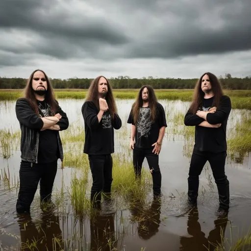 heavy metal band playing in a wetland