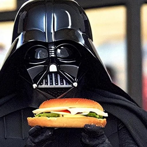 Darth Vader eating a hamburger. OpenArt