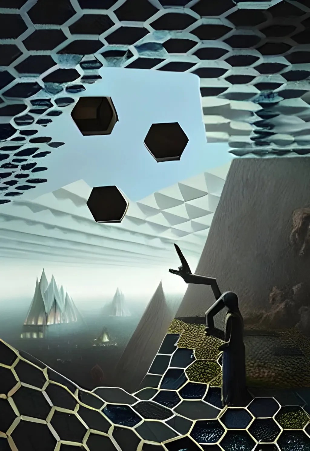 a hexagon sculpture made of black wood. in the hexag... OpenArt