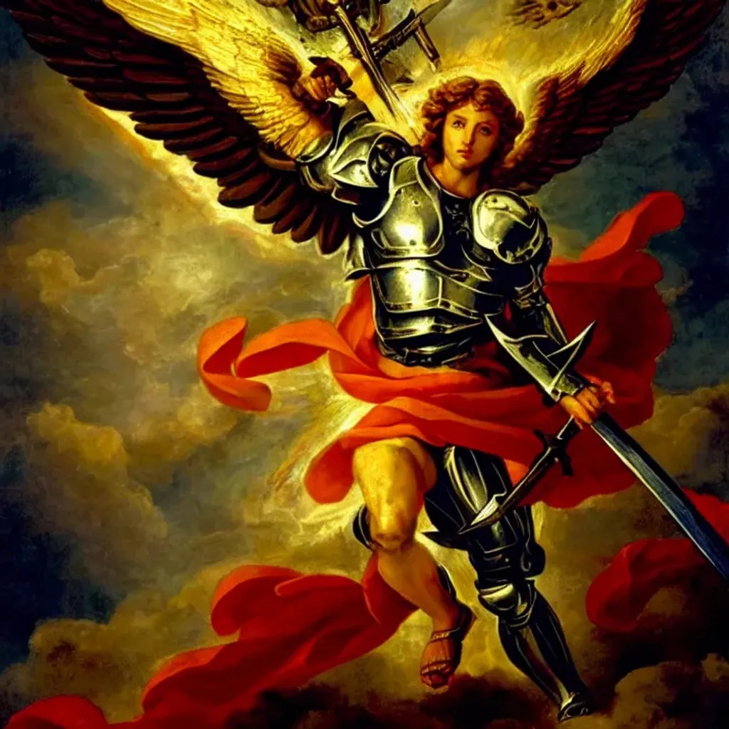 The Archangel Michael clad in the armor of God vanqu... OpenArt