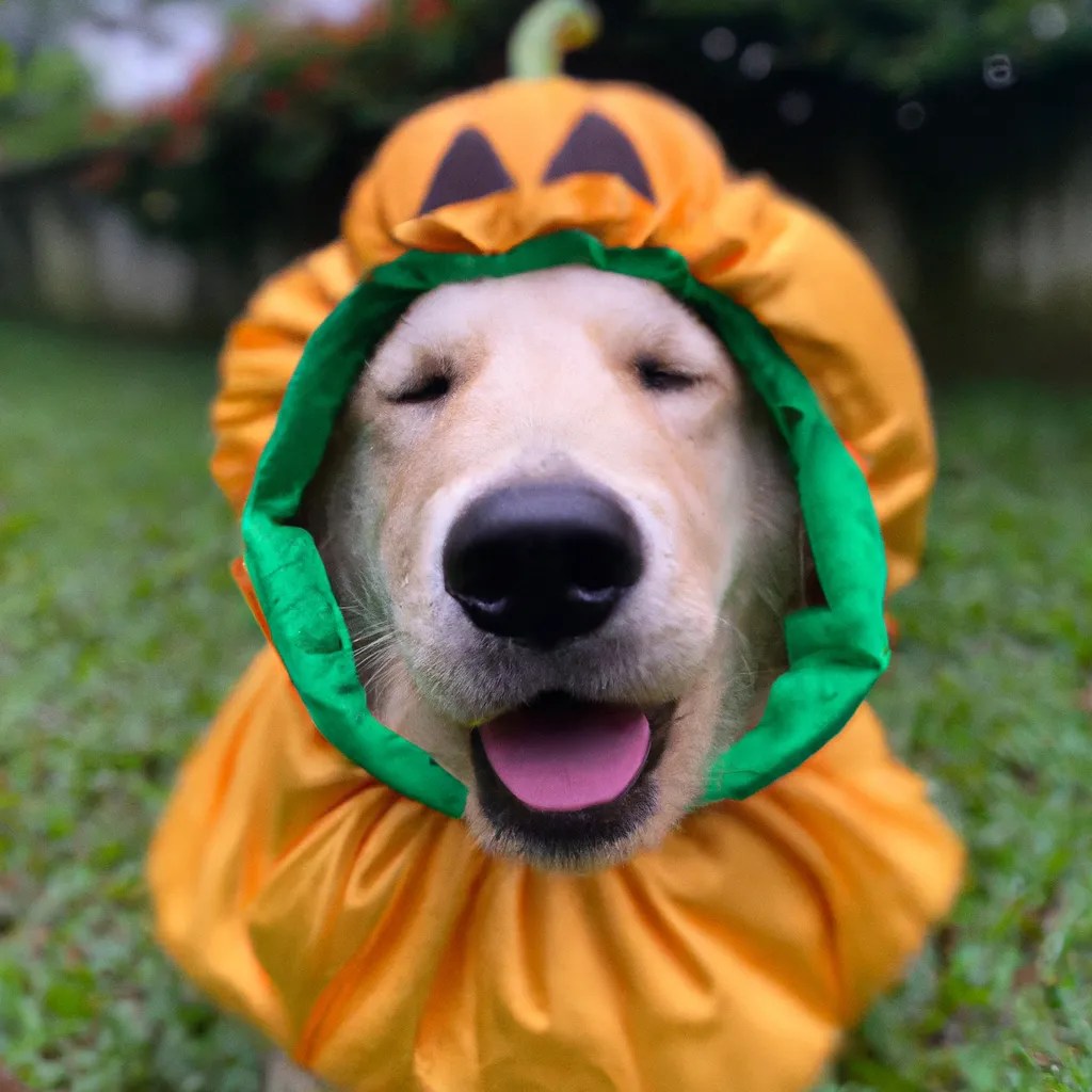 A golden retriever wearing a cute pumpkin costume, c... OpenArt