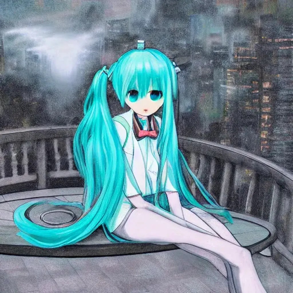 Hatsune miku sitting down in a chair while being in... OpenArt