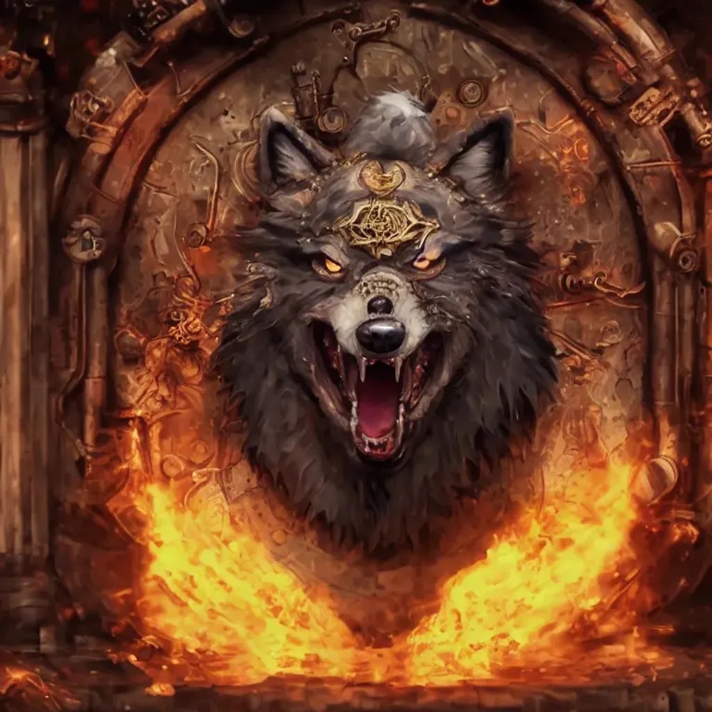 splash art of an angry clockwork wolf head on a temp... OpenArt
