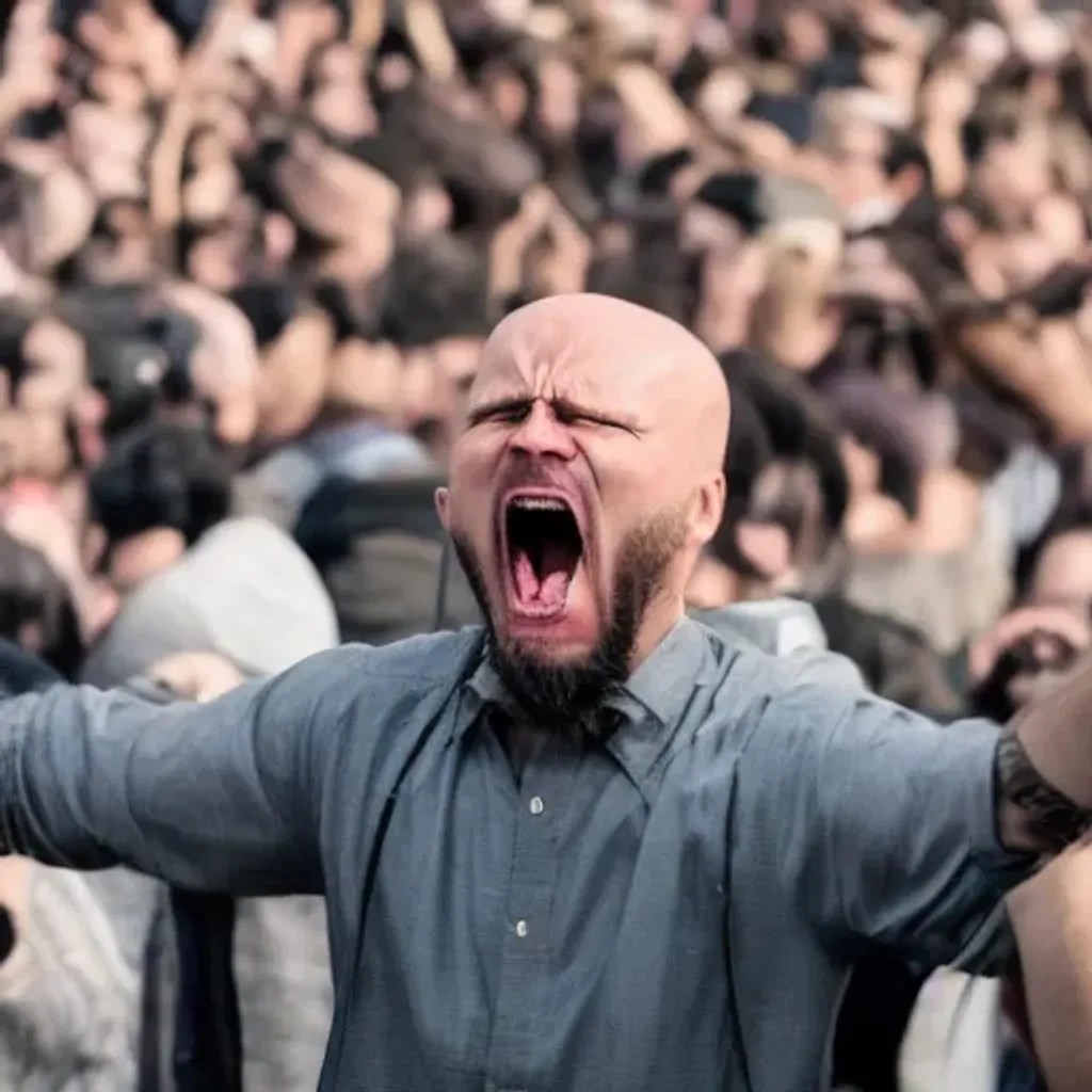 angry man yelling at a crowd loud noisy OpenArt