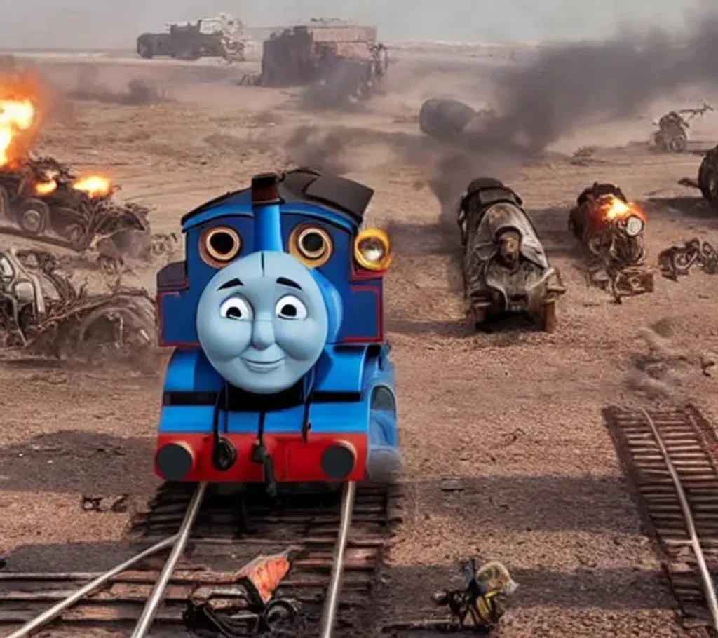 Thomas the Tank Engine in Mad Max Fury Road, chased... | OpenArt