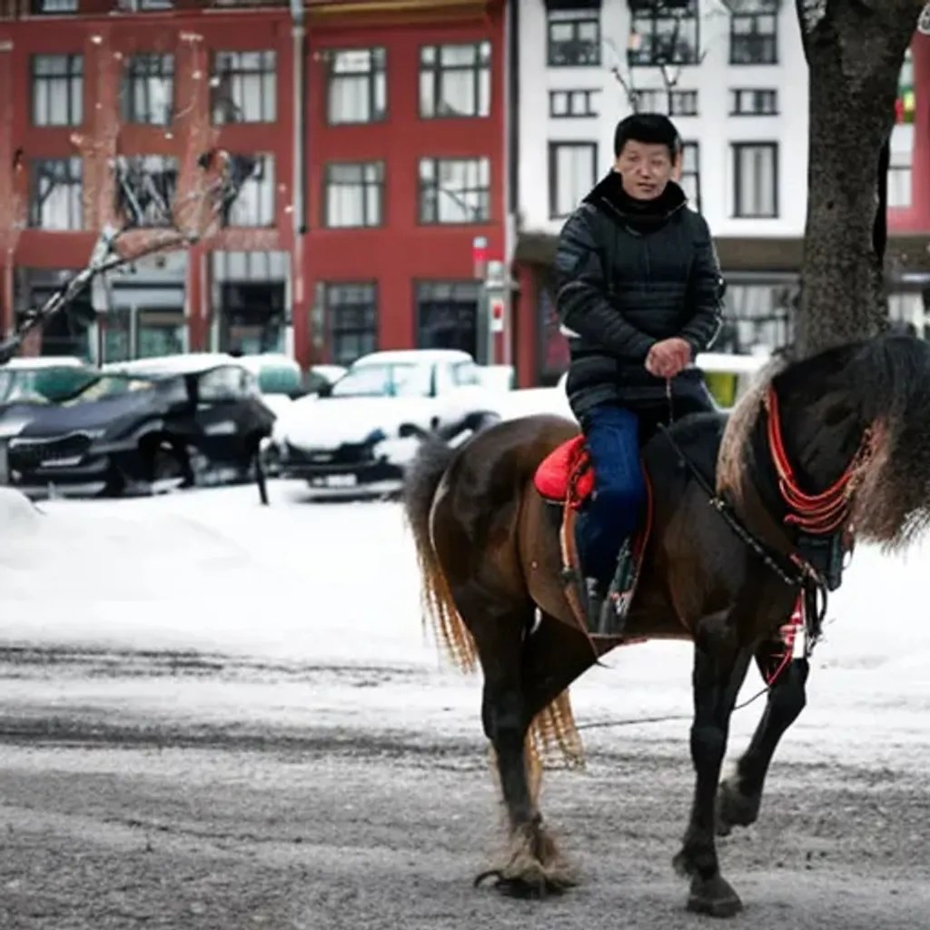 Chinese dude riding horse in Sweden OpenArt