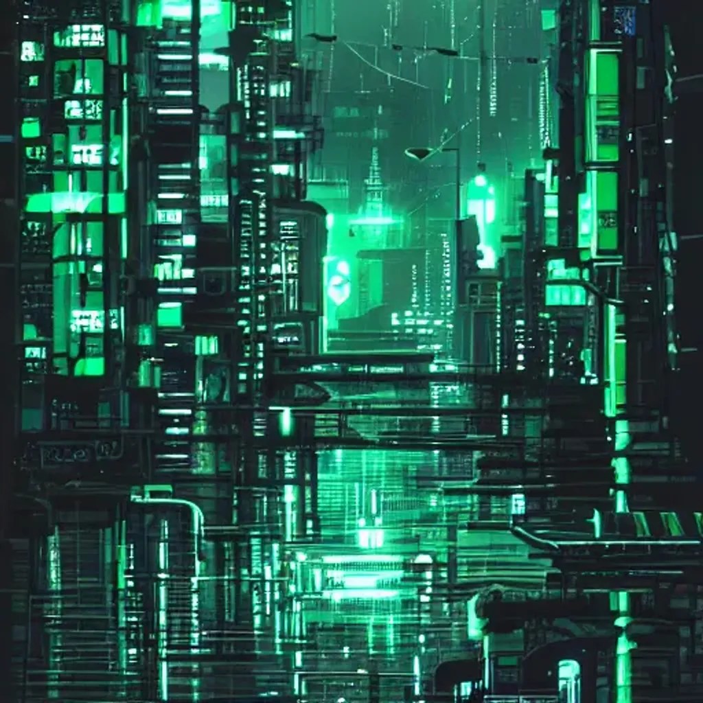 Abstract cyberpunk city, green style, at night, rain... OpenArt