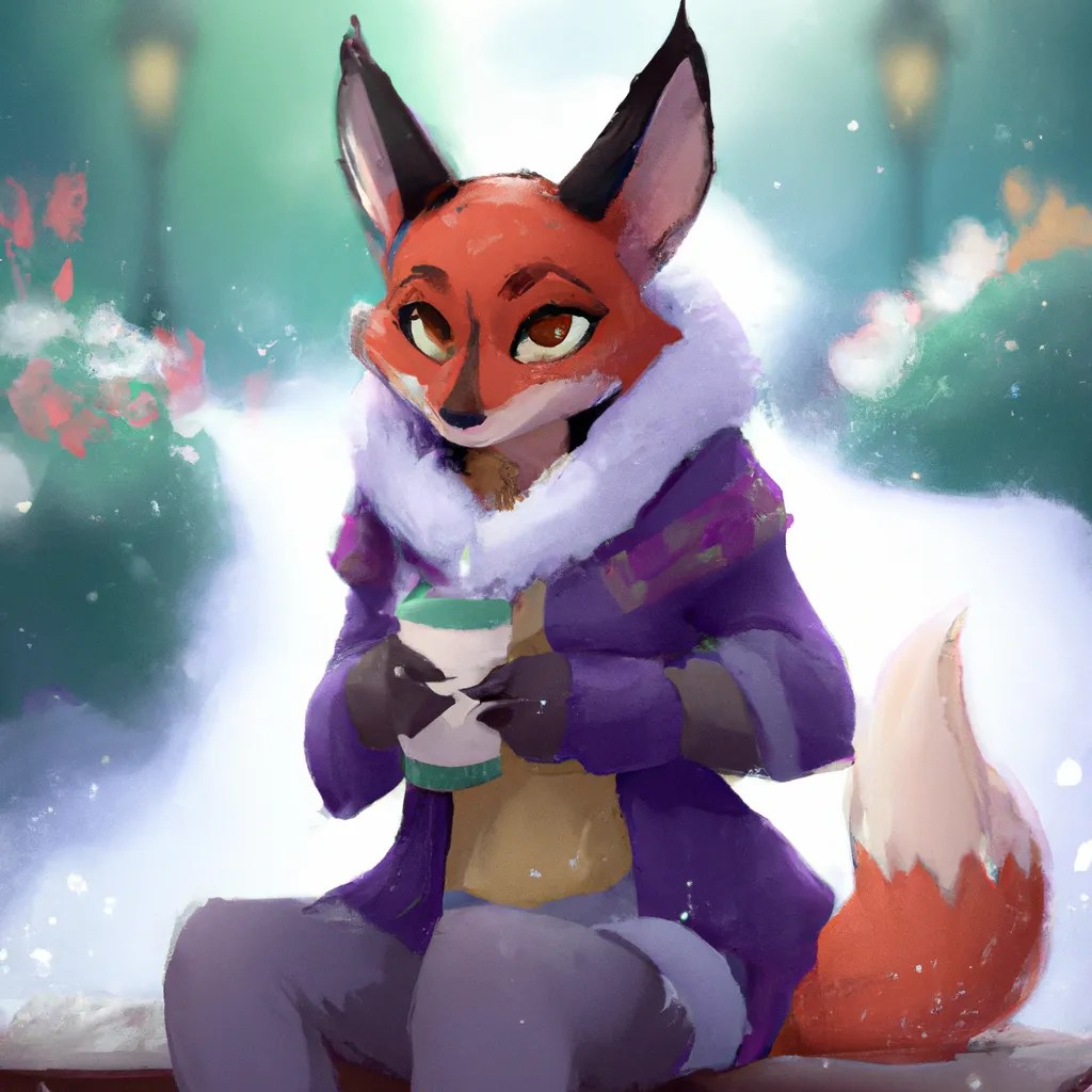 An adult female anthro furry fox wearing a cozy wint...