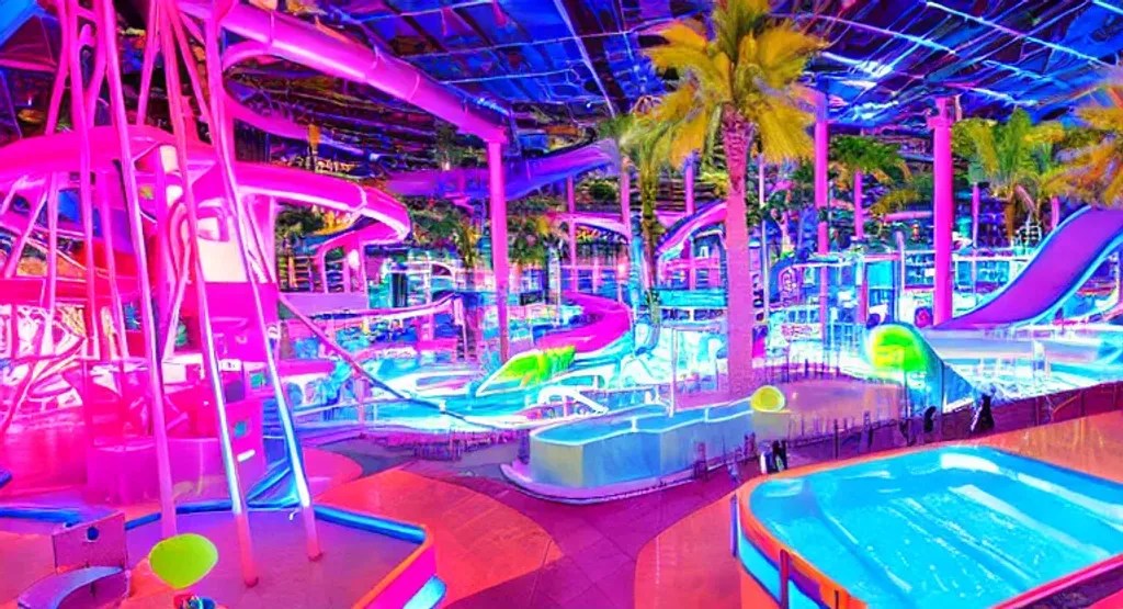 large indoor waterpark with rainbow slides, neon lig...