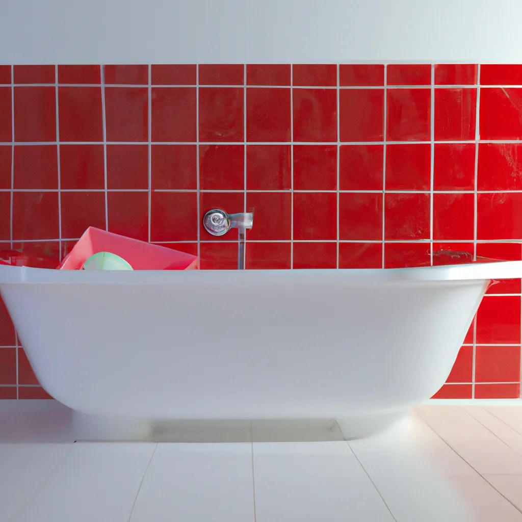 a white bathtub filled with red jello, on a tile flo... OpenArt