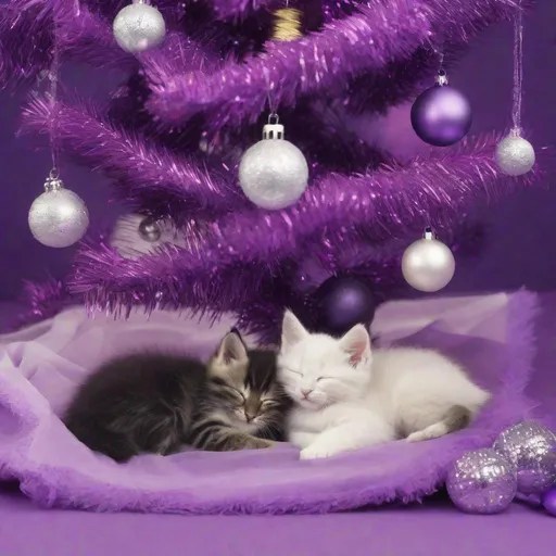 kittens sleeping under a purple christmas tree