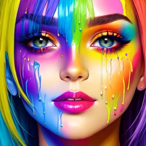 female face dripping paint in rainbow colors, facia...