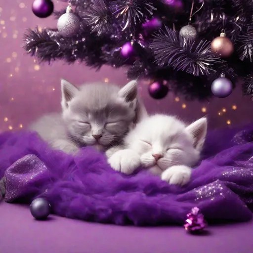 kittens sleeping under a purple christmas tree