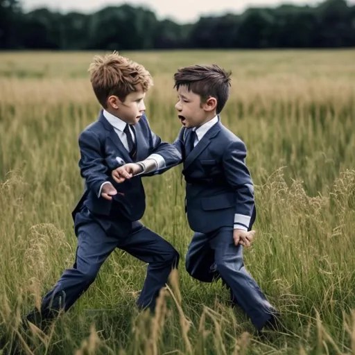 two little boys in suits fight in field