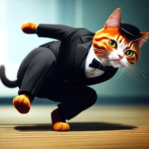 A ginger cat in a tuxedo, moustache, fighting other... OpenArt