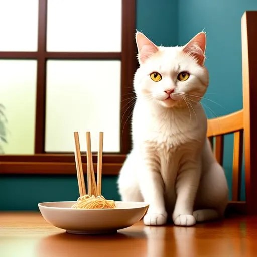 A cat eating noodles with chopsticks, sitting on cha... OpenArt