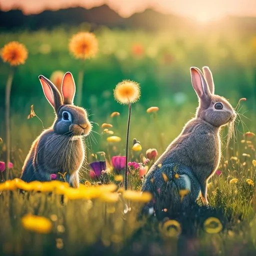 a field of colorful flowers, realistic rabbits eatin...