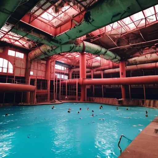 Indoor water park pool empty dirty vomit dilapidated...