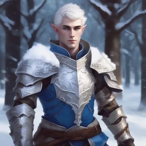 DND a male elf with short fluffy white hair and blue...