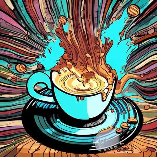 cartoon vinyl record melting into a cup of black coffee