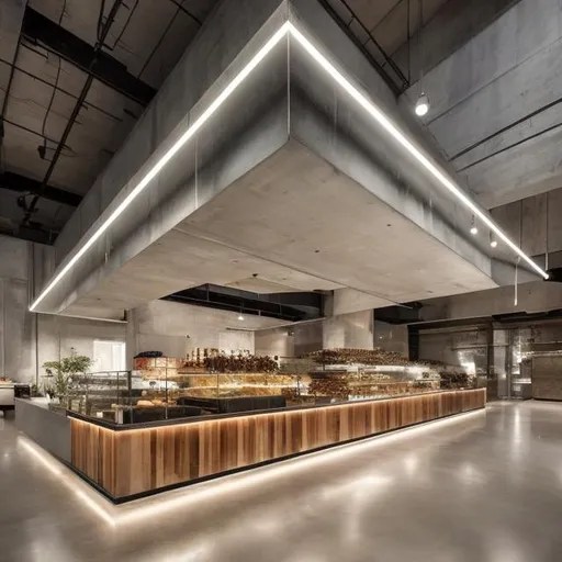 Please Create a highend food hall that uses concret...