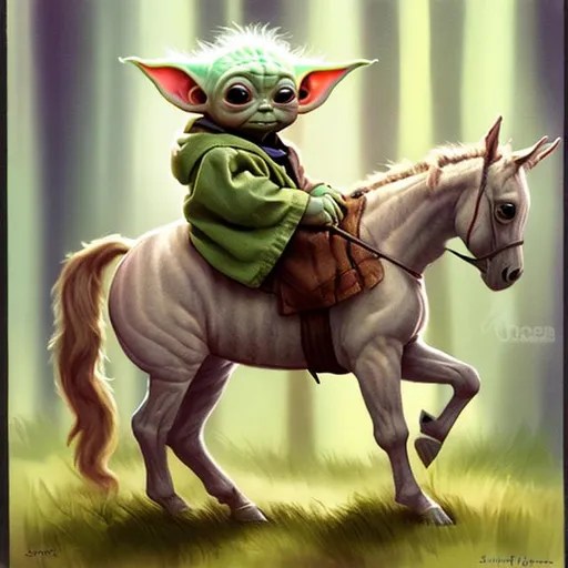 Baby Yoda riding a stripey horse OpenArt