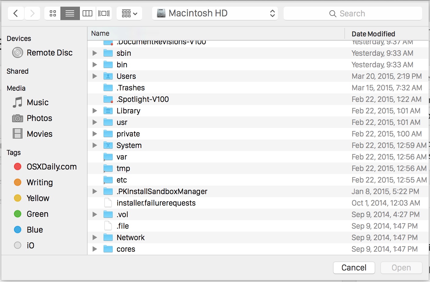 Show Hidden Files in Mac OS X Dialog Boxes with Command+Shift+Period