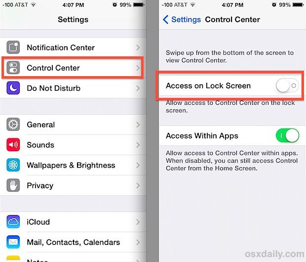 How to Prevent Control Center Access from the Lock Screen of iOS