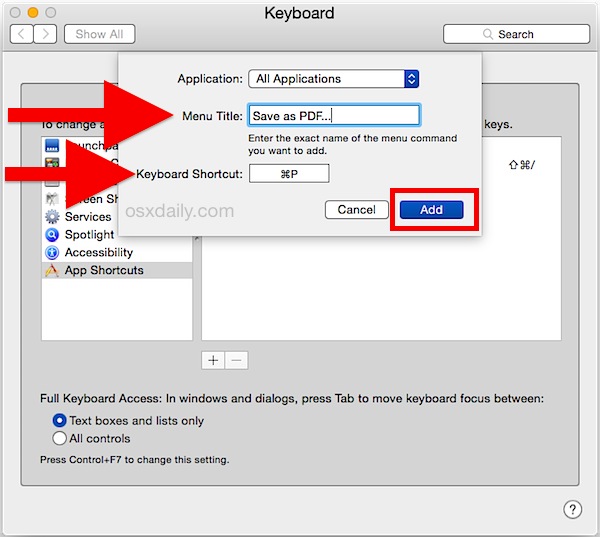 Set a Keyboard Shortcut for “Save as PDF” in Mac OS X